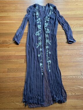 Free People Embroidered Long Sheer Duster